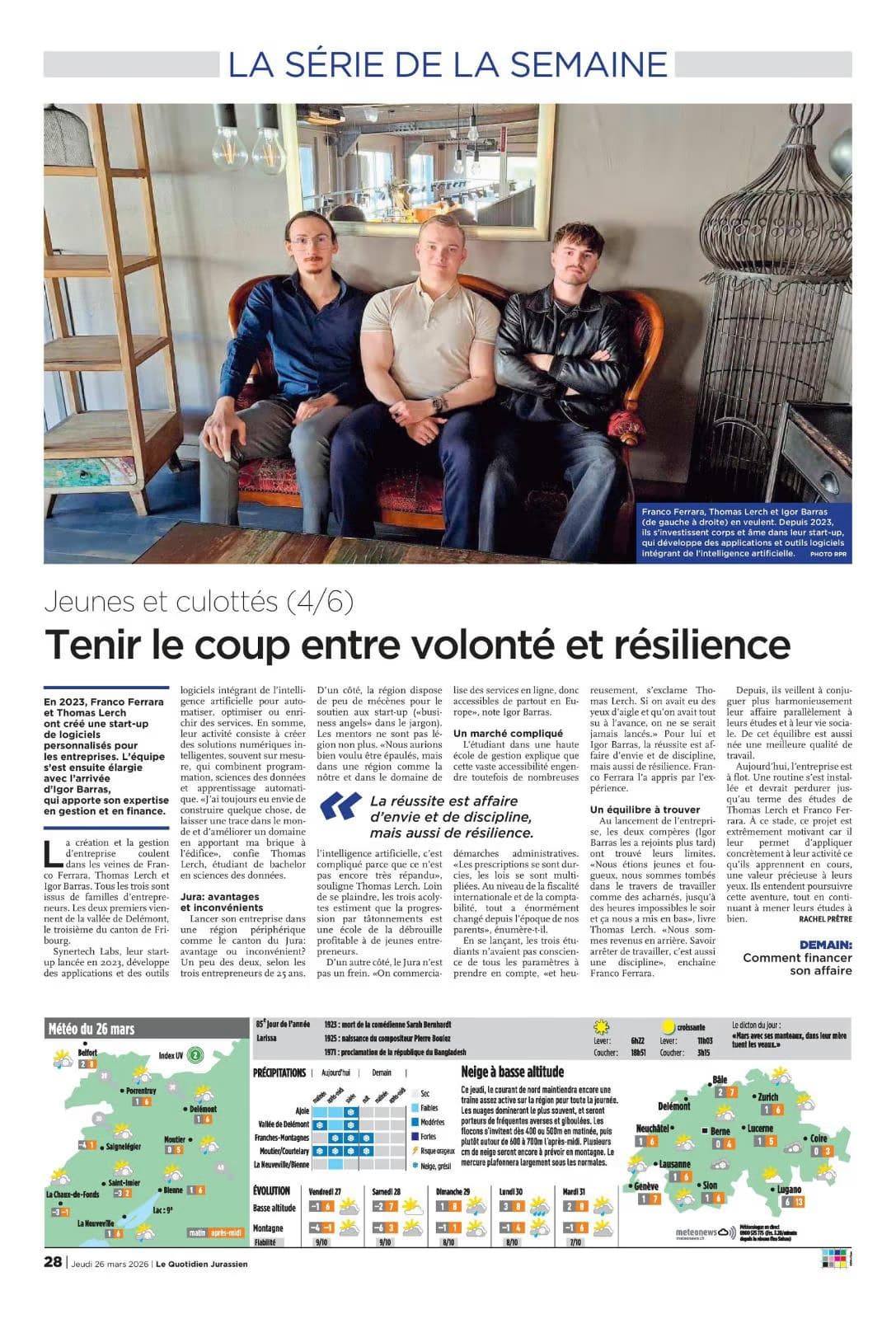 Le Quotidien Jurassien article featuring the founders of Synertech Labs, 26 March 2026.
