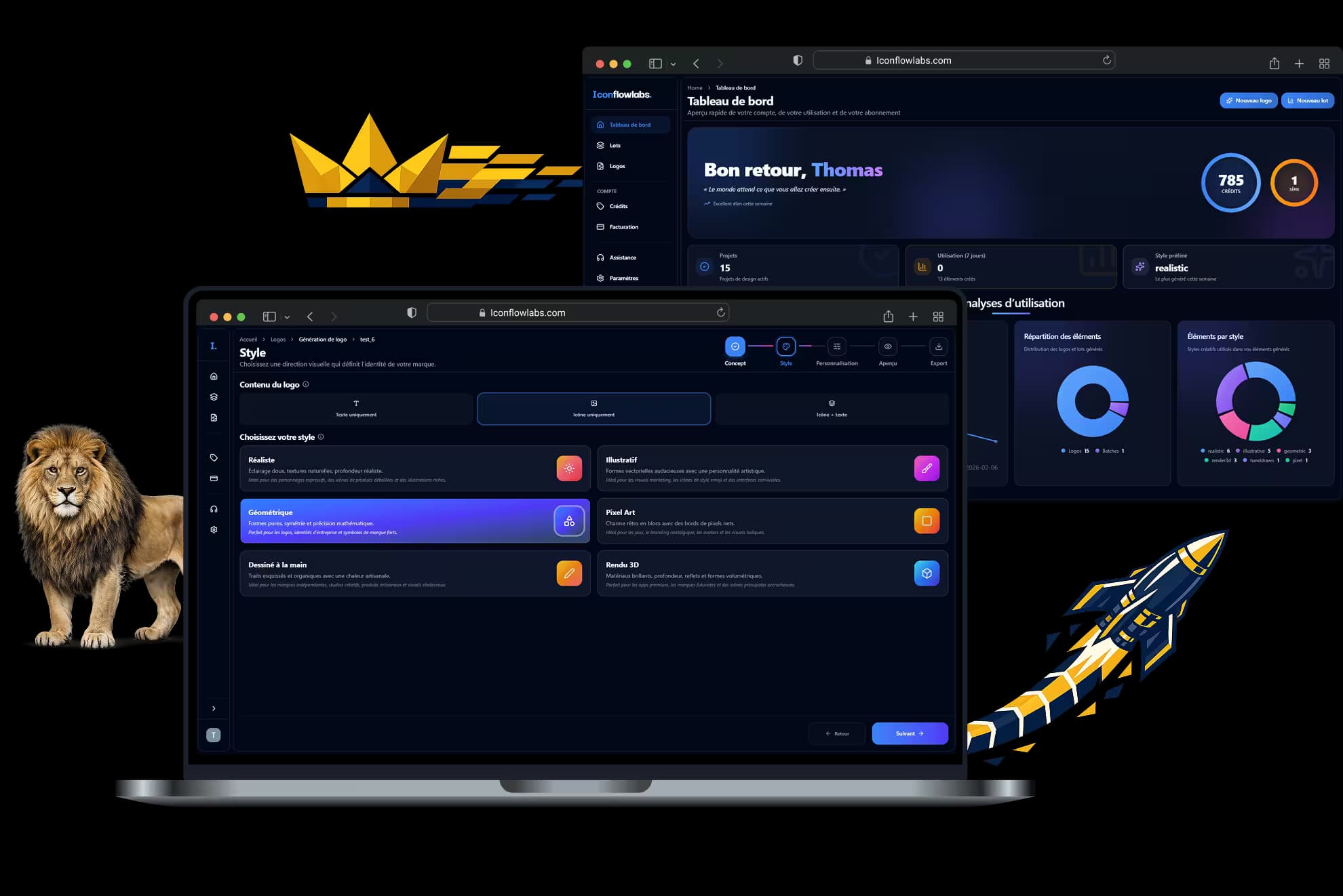 IconFlowLabs interface showing AI image generation controls and preview panels