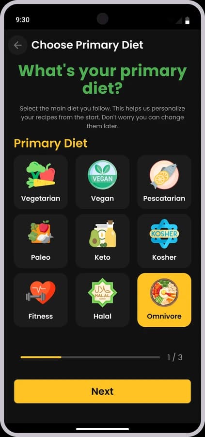 Diet preference onboarding design exploration